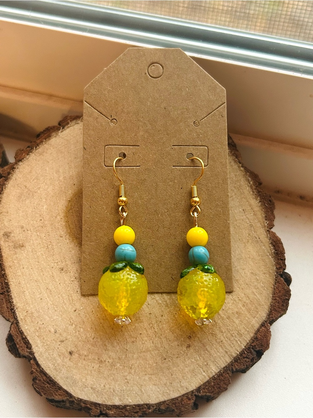 Handmade Lemon Beaded Dangle Earrings Fruit Jewelry Summer Boho Cute